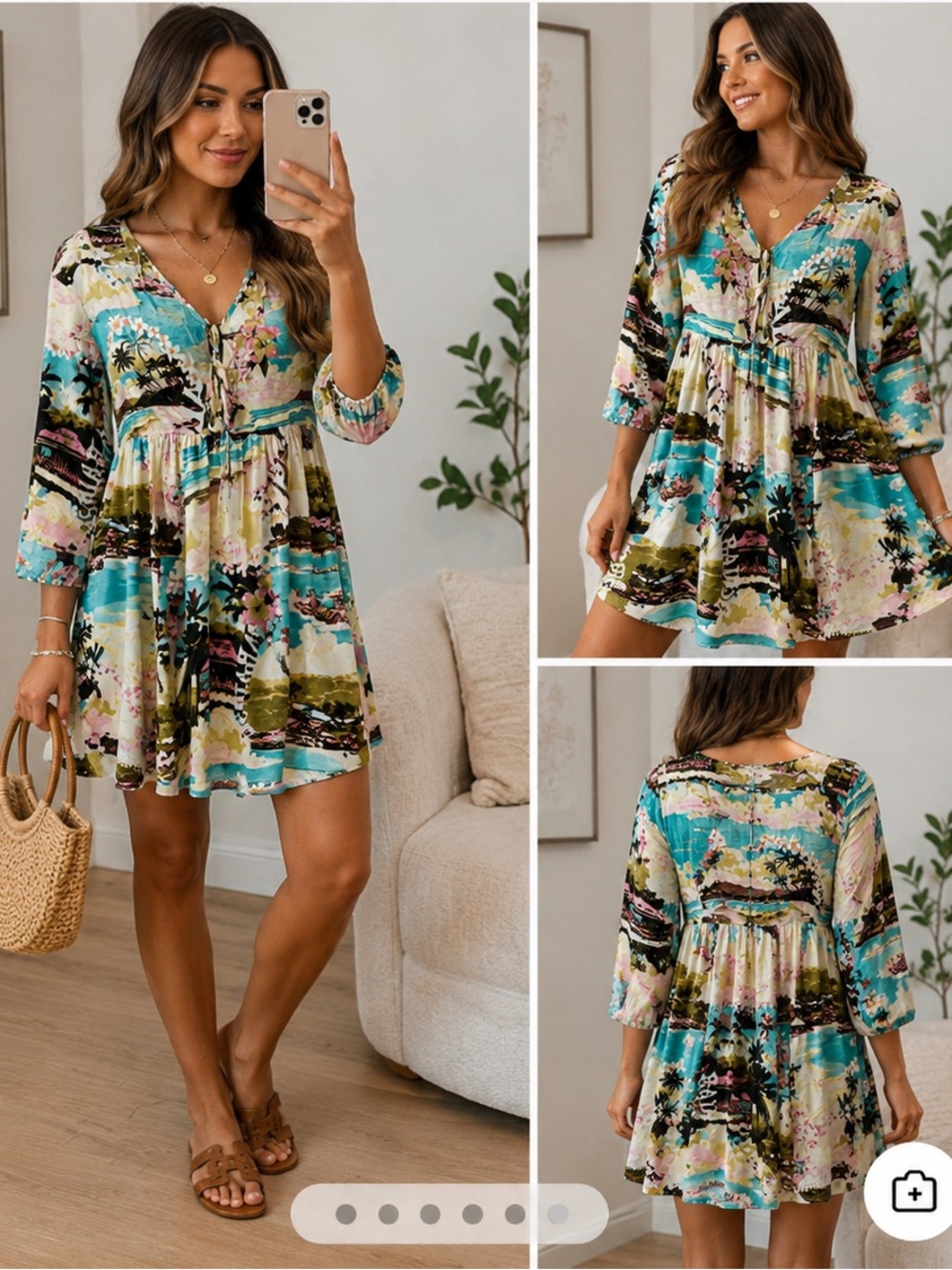 NWT Label Of Love Tropical Floral Print V Neck Peasant Dress Turquoise Boho Chic